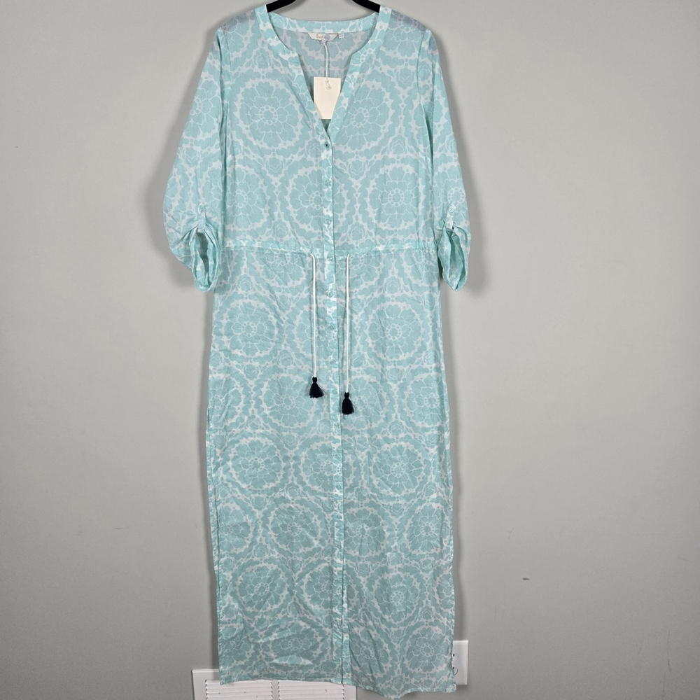 Boden Womens Floral Kaftan Maxi Shirt Dress 6L Blue Cotton Sheer Boho Beachy NWT